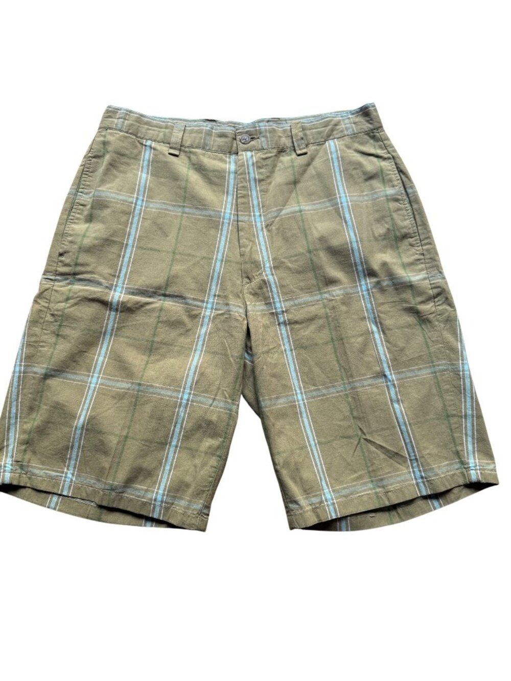 Vintage Gap Size 32 Beige & Green Plaid Bermuda Cotton Flat Front Chino Shorts